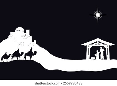 A Christmas nativity scene with baby Jesus in the manger, wise men and city of Bethlehem in the background