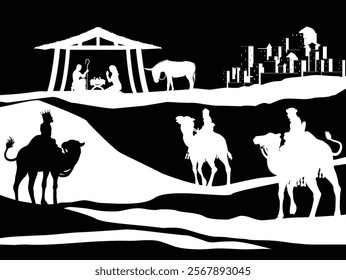 A Christmas nativity scene with baby Jesus in the manger, wise men and city of Bethlehem in the background