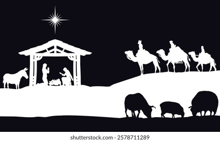 A Christmas nativity scene with baby Jesus in the manger and wise men 