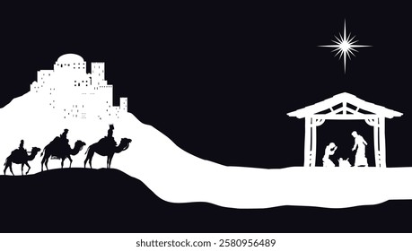 A Christmas nativity scene with baby Jesus in the manger, wise men and city of Bethlehem in the background