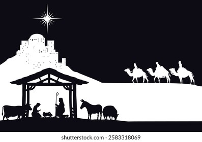 A Christmas nativity scene with baby Jesus in the manger, wise men and city of Bethlehem in the background