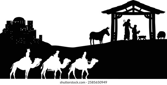 A Christmas nativity scene with baby Jesus in the manger, wise men and city of Bethlehem in the background