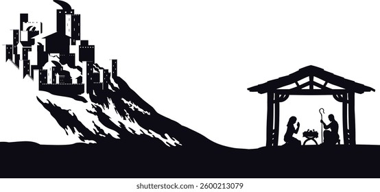 A Christmas nativity scene with baby Jesus in the manger, wise men and city of Bethlehem in the background