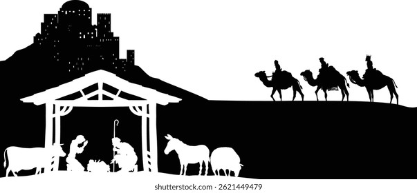 A Christmas nativity scene with baby Jesus in the manger, wise men and city of Bethlehem in the background