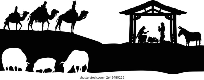 A Christmas nativity scene with baby Jesus in the manger and wise men a