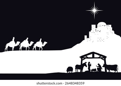 A Christmas nativity scene with baby Jesus in the manger, wise men and city of Bethlehem in the background