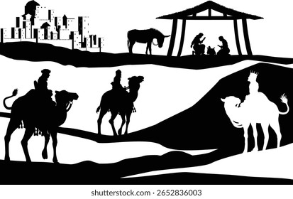 A Christmas nativity scene with baby Jesus in the manger, wise men and city of Bethlehem in the background
