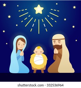 Christmas Nativity Scene with baby Jesus, Mary and Joseph under sky of stars. Modern vector cartoon illustration.