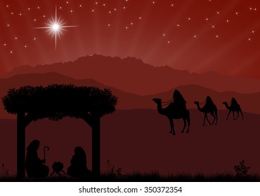 Christmas nativity scene with baby Jesus in the manger, Mary and Joseph in silhouette, three wise men or kings and star of Bethlehem