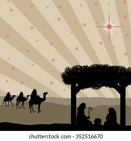 Christmas nativity scene with baby Jesus in the manger, Mary and Joseph in silhouette, three wise men or kings and star of Bethlehem