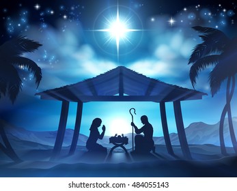 Christmas Nativity Scene of baby Jesus in the manger with Mary and Joseph in silhouette