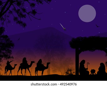 Christmas nativity scene with baby Jesus in the manger, Mary and Joseph in silhouette, three wise men or kings and star of Bethlehem