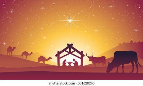 Christmas Nativity Scene With Baby Jesus Christ In Manger