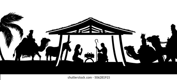 Christmas Nativity Scene of baby Jesus in the manger with Mary and Joseph in silhouette surrounded by the animals and the three wise men