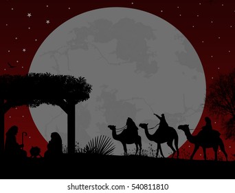 Christmas nativity scene with baby Jesus in the manger, Mary and Joseph in silhouette, three wise men or kings on red night