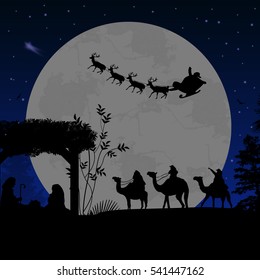 Christmas nativity scene with baby Jesus in the manger, Mary and Joseph in silhouette, three wise men or kings and Santa's sleigh