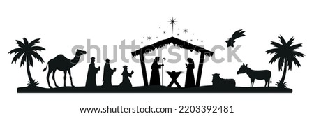 Christmas nativity scene with baby Jesus, Mary and Joseph in the manger.Traditional christian christmas story. Vector illustration for children. Сток-фото © 