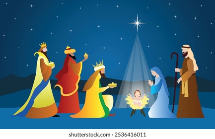 Christmas Nativity scene background. The adoration of the Magi. Vector illustration.