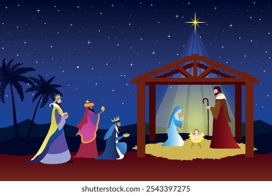 Natal cena de Natal fundo. A Adoração dos Magos. Ilustração vetorial.