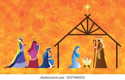 Christmas Nativity scene background. The Adoration of the Magi. Vector illustration EPS10.