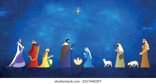 Christmas Nativity scene background. The Adoration of the Magi. Vector illustration EPS10.