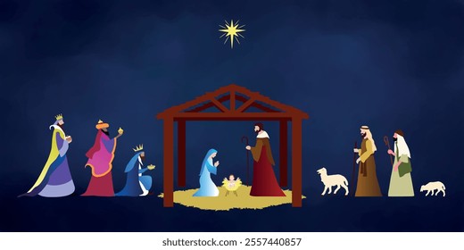 Christmas Nativity scene background. The Adoration of the Magi. Vector illustration EPS10.