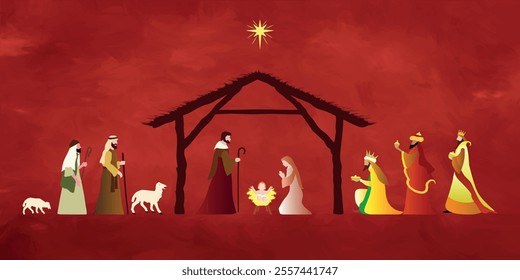 Christmas Nativity scene background. The Adoration of the Magi. Vector illustration EPS10.