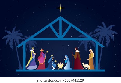 Christmas Nativity scene background. The Adoration of the Magi. Vector illustration EPS10.