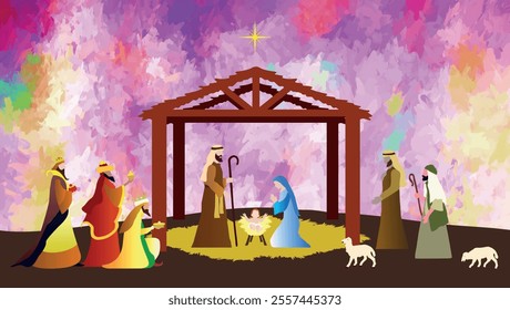 Christmas Nativity scene background. The Adoration of the Magi. Vector illustration EPS10.