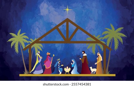 Christmas Nativity scene background. The Adoration of the Magi. Vector illustration EPS10.