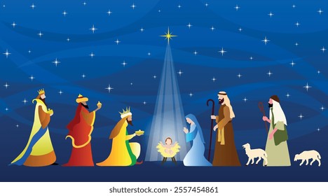 Christmas Nativity scene background. The Adoration of the Magi. Vector illustration EPS10.