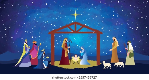 Christmas Nativity scene background. The Adoration of the Magi. Vector illustration EPS10.