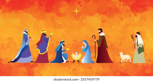 Christmas Nativity scene background. The Adoration of the Magi. Vector illustration EPS10.