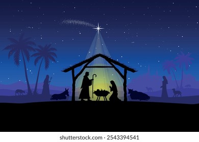 Natal cena de Natal fundo. Bebê Jesus nasceu no deserto. Ilustração vetorial.