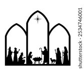 Christmas Nativity scene background. Black silhouettes isolated on white. Vector illustration.