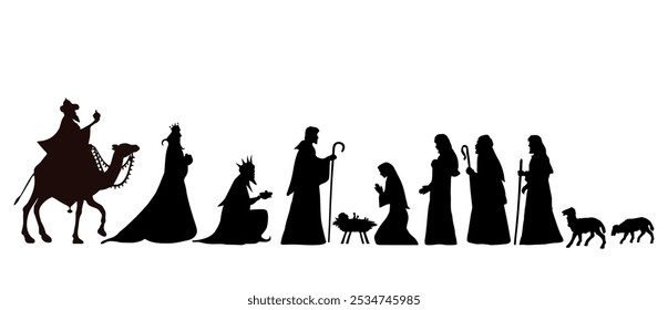 Christmas Nativity scene background. Black silhouettes isolated on white. Vector illustration.