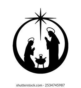 Navidades Fondo del belén. Siluetas negras aisladas en blanco. Ilustración vectorial.