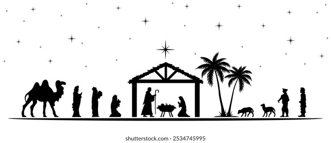 Natal cena de Natal fundo. Silhuetas pretas isoladas em branco. Ilustração vetorial.