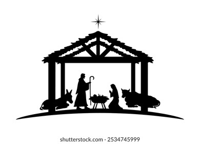 Christmas Nativity scene background. Black silhouettes isolated on white. Vector illustration.
