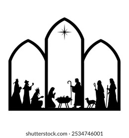 Christmas Nativity scene background. Black silhouettes isolated on white. Vector illustration.