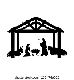 Christmas Nativity scene background. Black silhouettes isolated on white. Vector illustration.