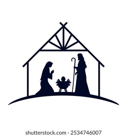 Christmas Nativity scene background. Black silhouettes isolated on white. Vector illustration.