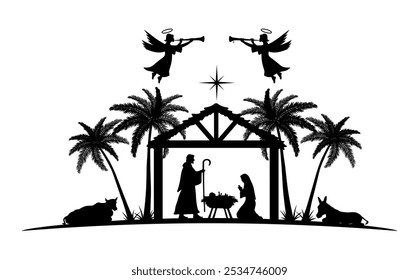 Christmas Nativity scene background. Black silhouettes isolated on white. Vector illustration.