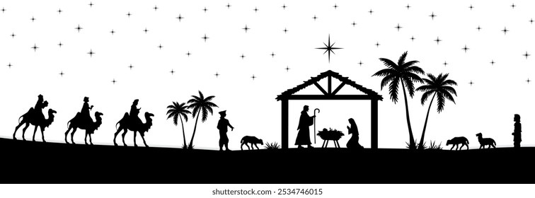 Christmas Nativity scene background. Black silhouettes isolated on white. Vector illustration.