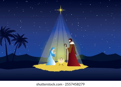 Christmas Nativity scene background, desert setting at night. Vector illustration EPS10.