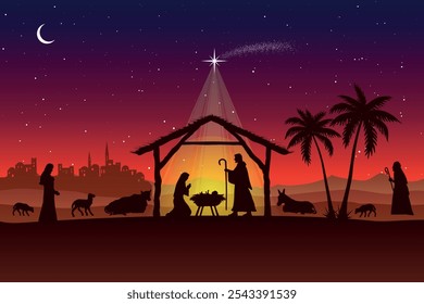 Navidades Fondo del belén. Niño de Jesucristo nacido en el desierto. Ilustración vectorial.