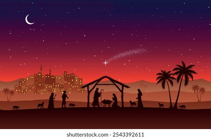 Christmas Nativity scene background. Jesus Christ infant born in the desert setting. Vector illustration.