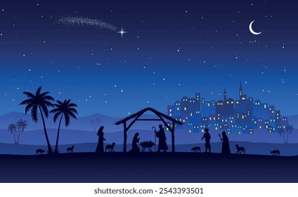 Christmas Nativity scene background. Jesus Christ born in the desert setting. Vector illustration.