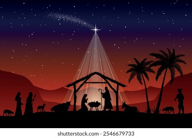 Natal cena de Natal fundo. Jesus Cristo, bebê nascido no deserto. Ilustração vetorial.