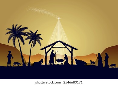 Christmas Nativity scene background. Jesus Christ infant born in the desert setting. Vector illustration.